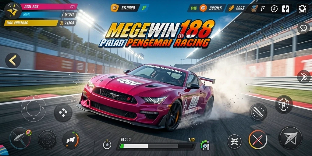 Tampilan gameplay balapan seru di MEGEWIN188 dengan mobil yang melaju kencang.