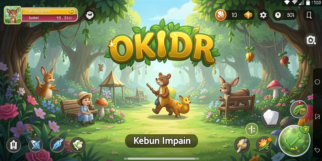 Screenshot gameplay OKIDR menampilkan kebun yang subur dan aktivitas pertanian.