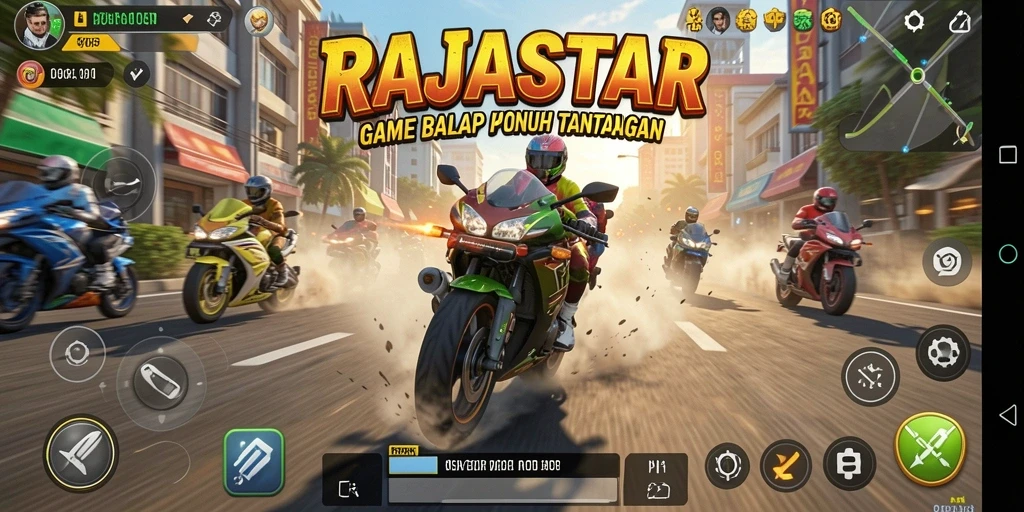 Tampilan gameplay balap motor yang seru dan menegangkan di RAJASTAR.